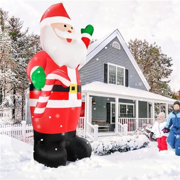 12 Ft Christmas Inflatable Santa Claus Holds Candy Cane with  12 Ft Christmas Inflatable Santa Claus Holds Candy Cane with Built-in LED Lights
